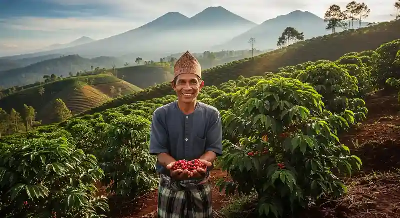 Petani Kopi Gayo tersenyum di tengah perkebunan kopi, melambangkan warisan budaya dan kearifan lokal