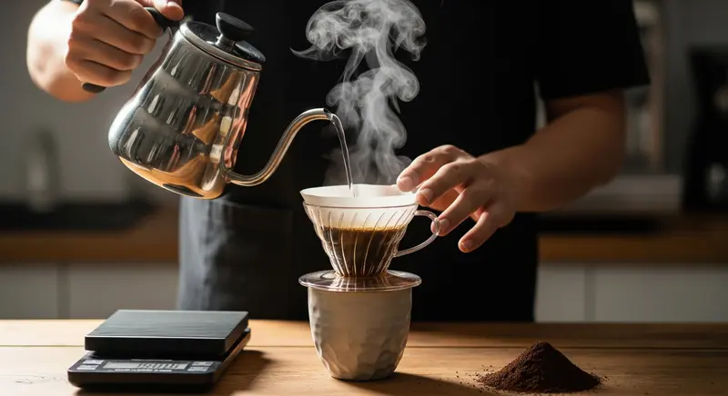 Juru seduh menuangkan air panas ke V60, ilustrasi cara menyeduh Kopi Gayo
