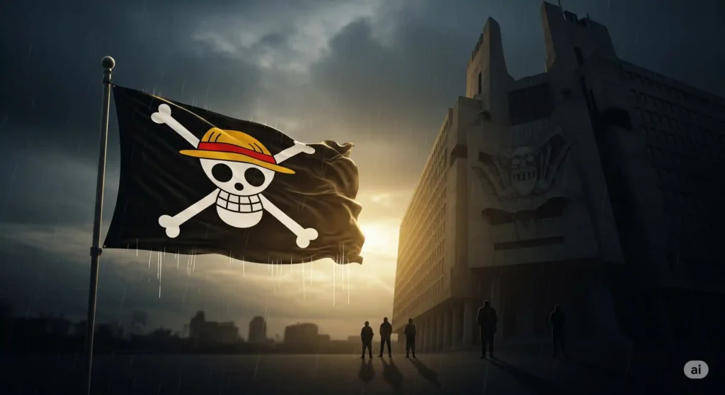 bendera One Piece dengan latar belakang yang menyimbolkan korupsi dan pemerintahan otoriter