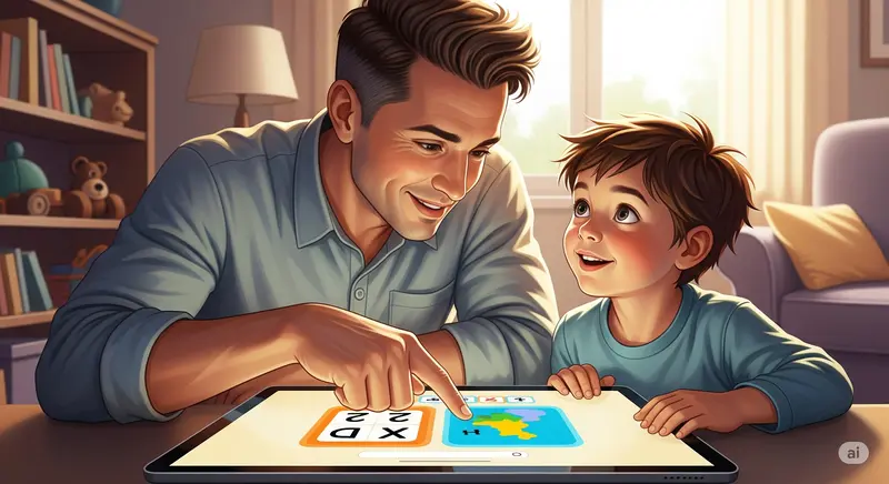 yah dan anak belajar bersama menggunakan tablet, dengan ayah menunjuk ke layar, menunjukkan pentingnya edukasi dan bimbingan orang tua dalam penggunaan teknologi