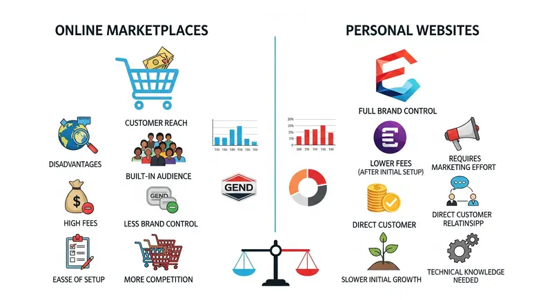  Infografis perbandingan kelebihan dan kekurangan marketplace dan website pribadi dalam bisnis online