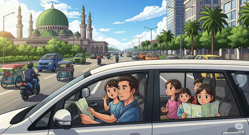 Keluarga menikmati perjalanan menggunakan mobil sewaan tipe MPV di jalan kota Surabaya.