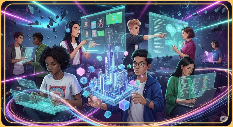 sekelompok remaja beragam berkolaborasi dalam dunia virtual. Mereka dikelilingi oleh elemen coding, 3D modeling, dan game design, melambangkan pengembangan keterampilan masa depan