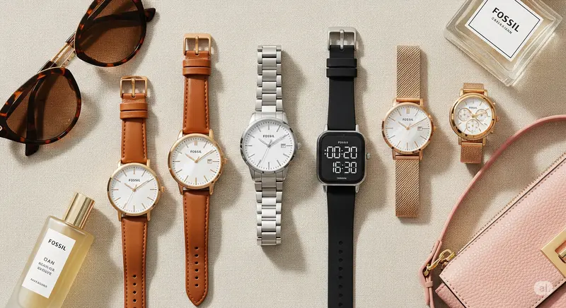 Kumpulan berbagai model jam tangan Fossil wanita original, dari kulit hingga stainless steel, disusun elegan di atas kain beige. 