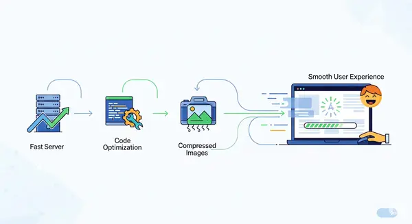 optimasi kecepatan website, yaitu 'Fast Server', 'Code Optimization', dan 'Compressed Images', yang mengarah pada pengalaman pengguna yang lancar ditampilkan di layar