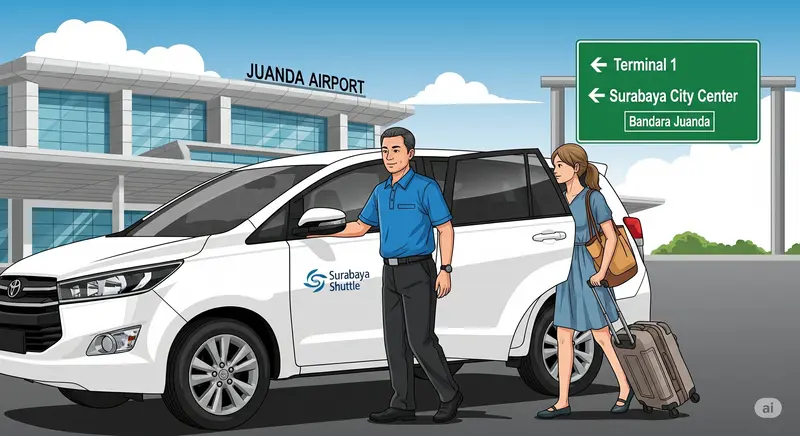 Sopir membuka pintu mobil sewaan untuk penumpang di area bandara Juanda Surabaya.