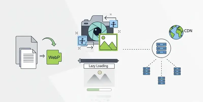 optimasi gambar untuk website, termasuk konversi ke format WebP, kompresi gambar, fitur lazy loading, dan distribusi melalui CDN