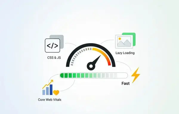 optimasi kecepatan website menggunakan LiteSpeed Cache, dengan visualisasi minifikasi CSS dan JavaScript, pemuatan skrip yang ditunda, dan peningkatan Core Web Vitals