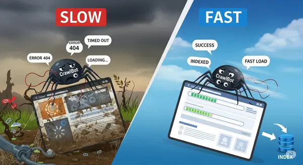 perbandingan antara website yang lambat (kiri), di mana bot mesin pencari sulit melakukan crawling, dan website yang cepat (kanan), di mana bot dengan mudah melakukan crawling dan pengindeksan.