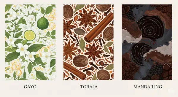 perbedaan profil rasa Kopi Gayo (floral dan citrus), Kopi Toraja (rempah-rempah), dan Kopi Mandailing (tanah dan cokelat gelap).