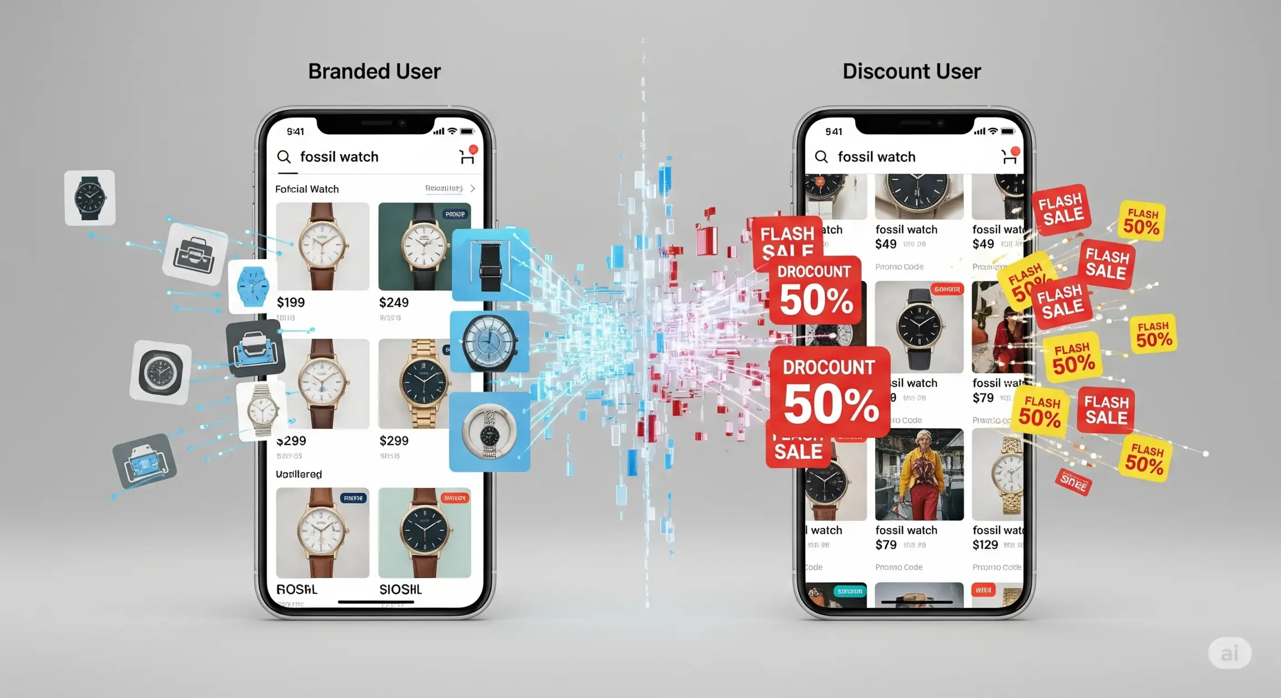 Ilustrasi dua ponsel dengan hasil pencarian produk yang berbeda untuk kata kunci yang sama, menunjukkan bagaimana algoritma marketplace mempersonalisasi hasil pencarian berdasarkan profil pengguna