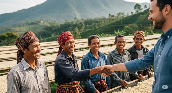 pembeli internasional berjabat tangan dengan petani kopi Gayo
