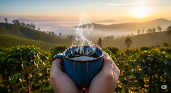 secangkir kopi blue mountain yang mengepul dengan latar belakang pemandangan perkebunan kopi di lereng Gunung Ijen yang berkabut saat matahari terbit.