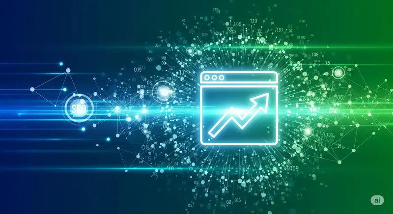 SEO yang menampilkan sebuah situs web dengan panah naik, dikelilingi oleh jaringan data dan jalur cahaya, melambangkan optimasi yang berhasil.