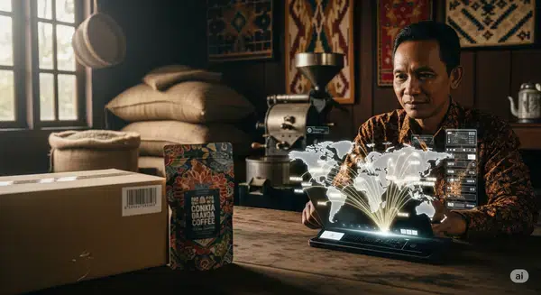 seorang pengusaha UMKM kopi di Indonesia melihat peta dunia di tablet, melambangkan bagaimana platform digital membuka peluang ekspor ke pasar internasional.