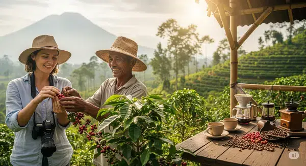turis wanita belajar memanen biji kopi dari seorang petani lokal di perkebunan yang indah, dengan latar belakang pemandangan pegunungan dan alat seduh kopi